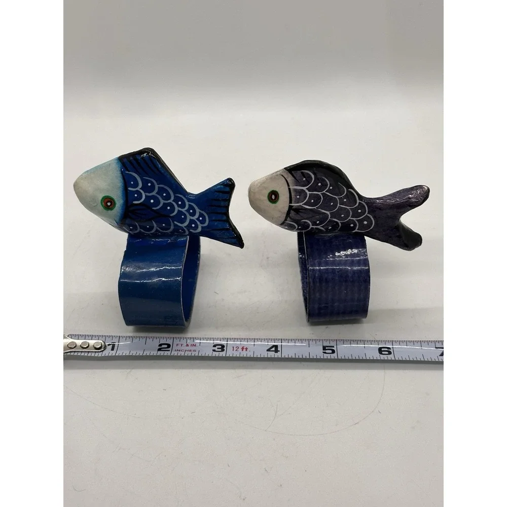 Pair Hand‎ Painted Papier Mache Fish Napkin Rings Coastal Nautical Decor